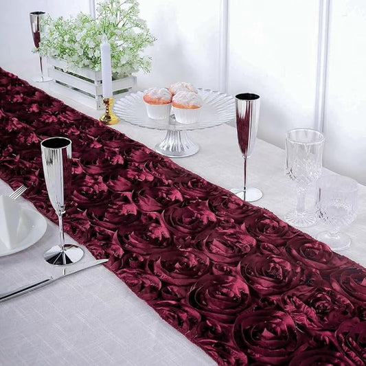 Efavormart 14"x108" Burgundy Grandiose Rosette Satin Table Runner for Party Dining Banquet Events Restaurant Kitchen Home and Multi-Use