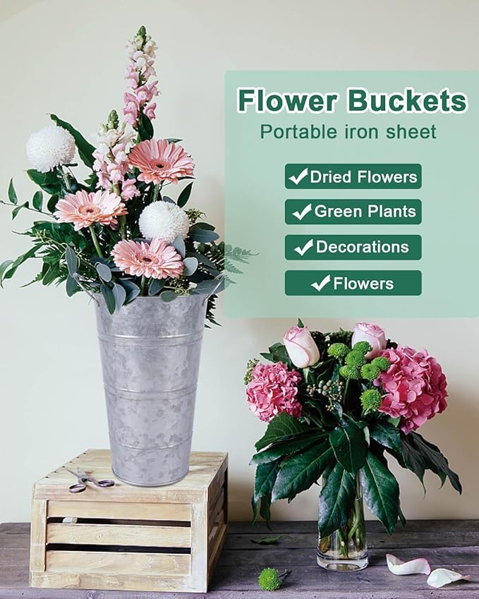 12 Inch Galvanized Metal Vases for Flowers - 2 Pcs Farmhouse Decorative Tall Flower Bucket with Handles, Rustic French Tin Planter Buckets for Wedding Decor (Silver)
