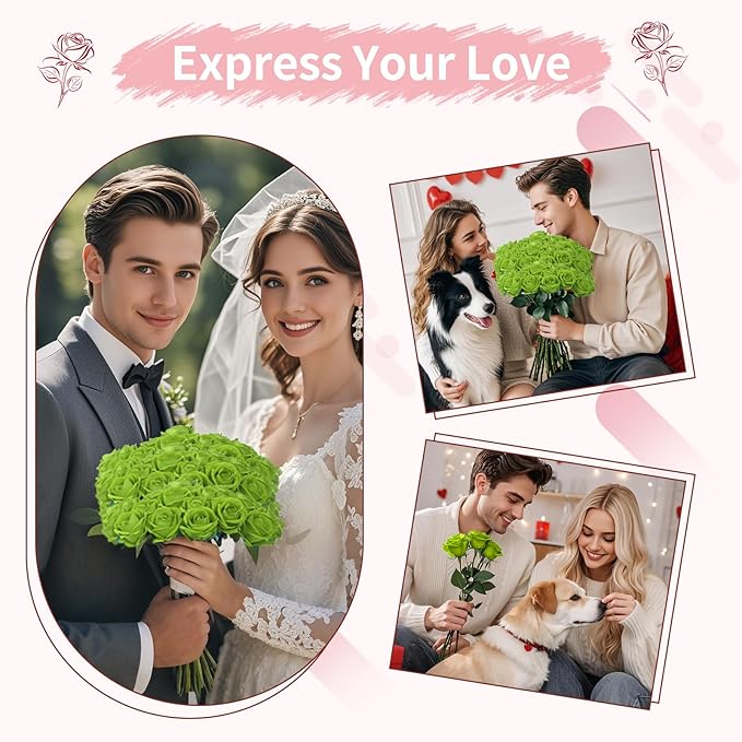 52 PCS Green Roses Artificial Flowers,Fake Green Roses Bouquet,Greens Artificial Silk Rose with Stems for Wedding Flowers Decoration, Valentines Day, Bridal Bouquet Rose,Wedding Decoration
