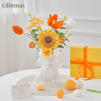 Cilimnas Crochet Flower Bouquet,Orange Knitted Flowers, Handmade Sunflowers Tulips Roses Bouquet for Birthday Anniversary Party Mother's Day Graduation Gifts
