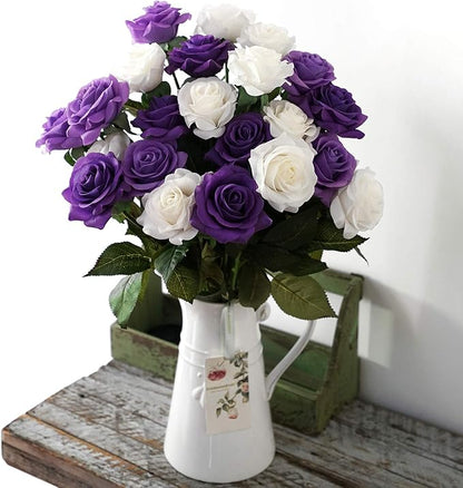 FiveSeasonStuff 12 Stems Artificial Flowers Real Touch Silk Roses for Wedding Decoration Bridal Bouquets Table Centerpieces Party Shower, Packed in Box (Purple & White Vows)