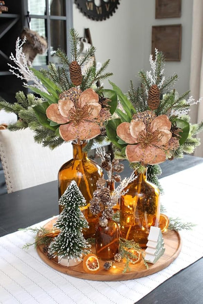 Briful 2 Pack 18.9in Christmas Magnolia Flower Picks, Artificial Magnolia Flower Spray with Pinecones for Xmas Tree Vase Floral Arrangements Wreath Decor