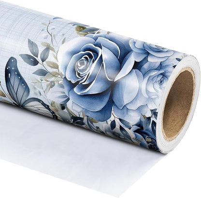 WRAPAHOLIC Dusty Blue Floral Wrapping Paper Roll - Mini Roll - 17 Inch x 9.8 Feet - Butterfly Flower Design, Perfect for Birthday, Wedding, Bridal Shower