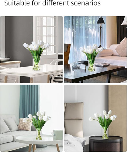 10pcs Fake Faux Tulips in Vase,Silk White Tulipanes Tulips Artificial Flowers Real Touch Arrangements with Vase for Desk Table Decoration Home Decor