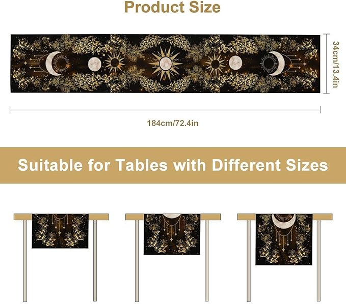 Boho Floral Table Runner, Spring Gothic Moon Phase Wildflower Mystical Witchy Farmhouse Coffee Table Center Decor for Home Kitchen Dining Patio Holiday Party Table Decorations 13x36 inches