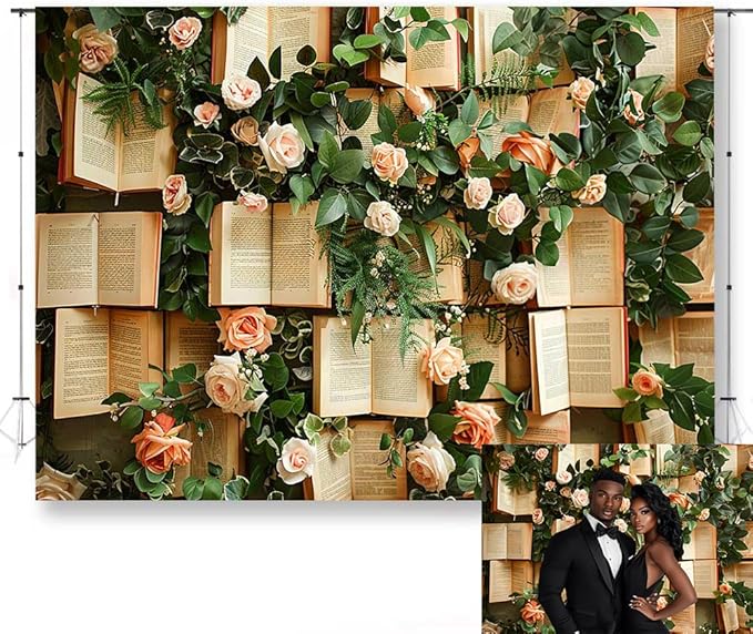 7x5FT Vintage Bookshelf Backdrop for Photography Pink Rose Flowers Green Leaves Book Page Background Wedding Bridal Shower Kids Birthday Party Banner Supplies KUBDJ977