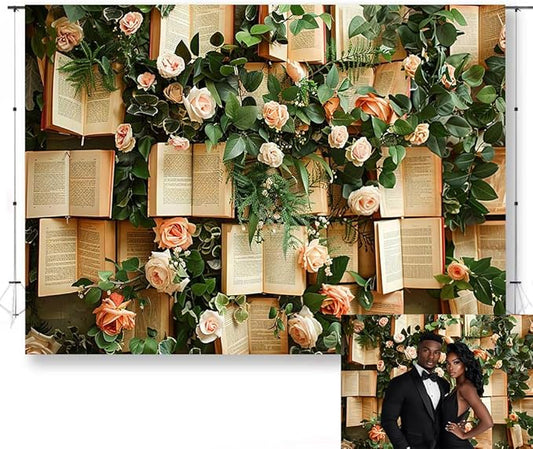 7x5FT Vintage Bookshelf Backdrop for Photography Pink Rose Flowers Green Leaves Book Page Background Wedding Bridal Shower Kids Birthday Party Banner Supplies KUBDJ977