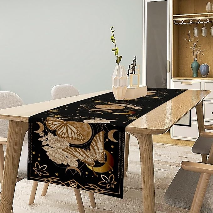 Gothic Moth Table Runner, Boho Floral Gothic Sun Moon Phase Mystical Witchy Starlight Coffee Table Center Decor for Home Kitchen Dining Patio Holiday Party Table Decorations 13x36 inches