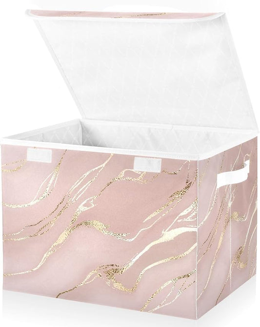 Collapsible Storage Bins with Lids, Rose Gold Pink Marble Storage Boxes for Organizing