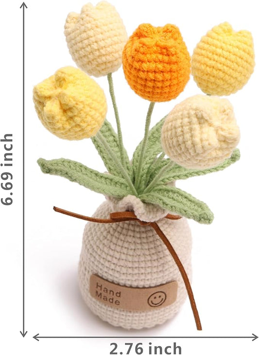 Handmade Tulips, Artificial Plant Crochet Flowers， Tulips Suitable for Home Room, Table, Office Ornaments and Birthday Gifts Suitable for Family and Friends Anniversary (5 Flowers-Yellow)