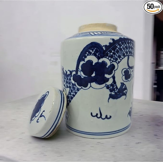 Festcool Retro Antique Like Style Blue and White Porcelain Dragon Ceramic Covered Jar Vase, China Ming Style, Jingdezhen (7 H)