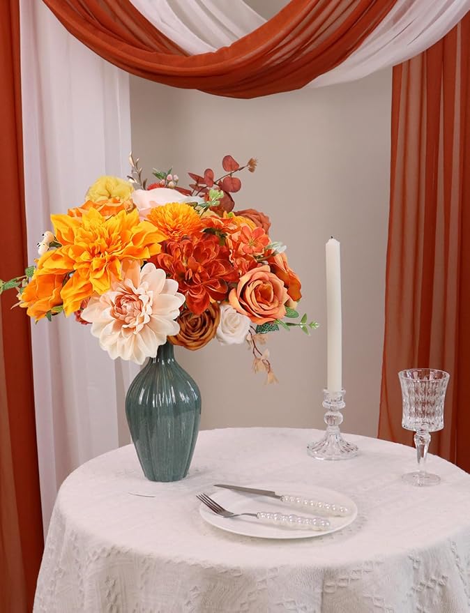 Multi Use Artificial Fall Flowers Burnt Orange Combo Box Set Rose Dahlia Peony Fake Flowers with Stems for DIY Bridal Wedding Bouquets Centerpieces Baby Shower Party Home Decor