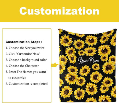 Jekeno Sunflower Gifts for Women Mom Personalized Sunflower Blanket Custom Blanket with Name Flannel Blankets Customized Throw for Women Girls Kids 50"x60"