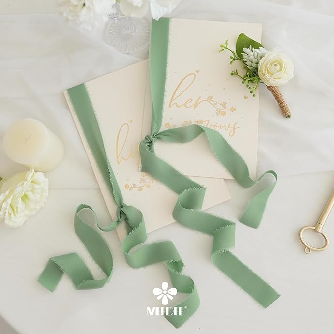 MEEDEE Sage Chiffon Ribbon 1 Inch Green Frayed Ribbons Sage Green Chiffon Silk Light Green Ribbon Thin Chiffon Ribbons for Crafts, Gift Wrapping, Wedding Invitation (3 Rolls 21 Yards)