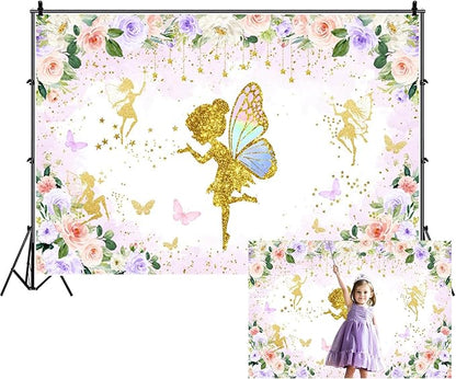 Renaiss 9x6ft Floral Fairy Backdrop Pink Gold Flower Butterflies Golden Glitter Princess Fairy Birthday Party Photography Background for Girl Baby Shower Decor Photo Studio Props