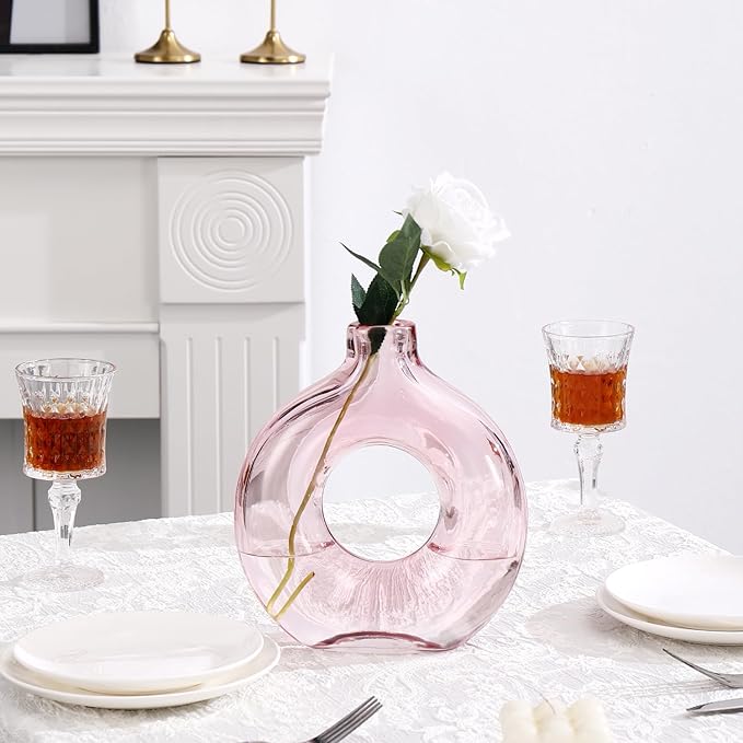 Glass Vase, Donut Vase, Pink Glass Vase, Flower Vase, Decorative Vase, Modern Vase, Round Glass Vase for Home, Living Room, Dining Table, Entryway, Mantle, Shelf, Wedding, Office, Coffee Table