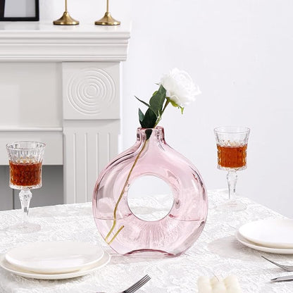 Glass Vase, Donut Vase, Pink Glass Vase, Flower Vase, Decorative Vase, Modern Vase, Round Glass Vase for Home, Living Room, Dining Table, Entryway, Mantle, Shelf, Wedding, Office, Coffee Table