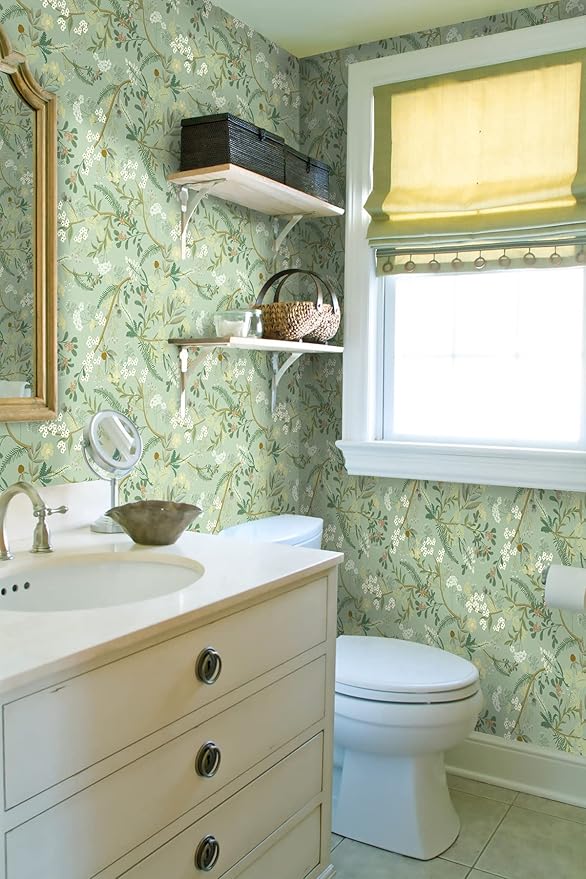Guvana 16.14"x118"Floral and Leaf Wallpaper Floral Peel and Stick Wallpaper Leaves Contact Paper Colorful Flower Removable Wall Paper for Room Wall Decor(Light Green Background)