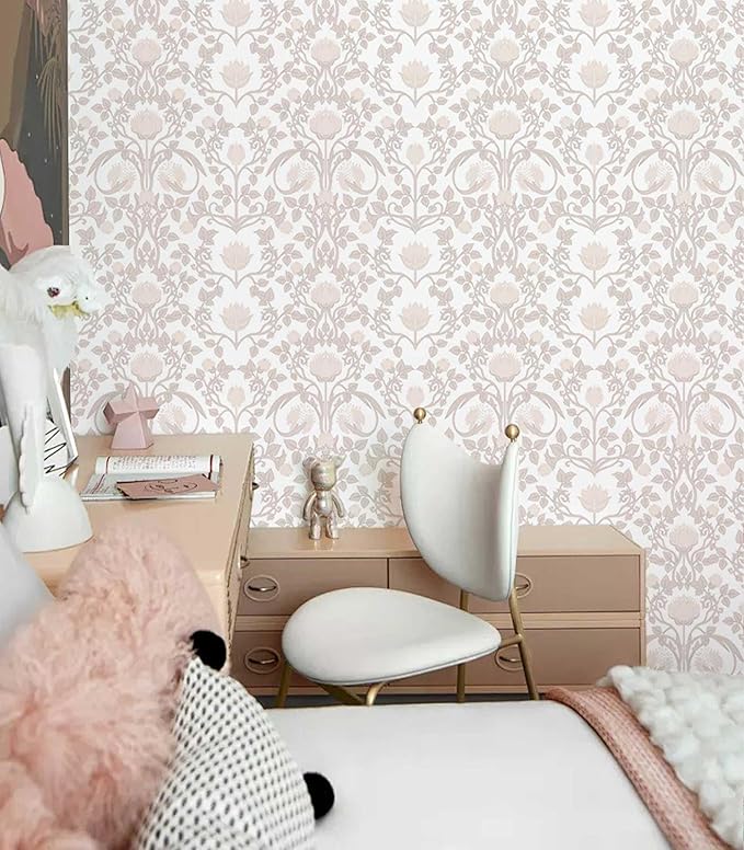 17.3"×236.2" Pink Wallpaper Peel and Stick, Floral Wallpaper for Bedroom Bathroom Self Adhesive Removable