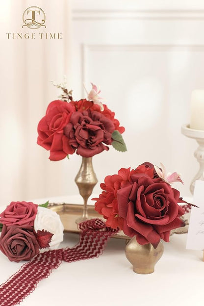 TINGE TIME Artificial Flowers Combo Mix Silk Flowers Red Roses w/stem for DIY Wedding Bridal Bouquets Baby Shower Floral Arrangement Table Centerpieces Home Decorations (Burgundy)