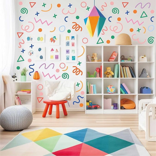 200 Pcs Geometric Wall Stickers (Irregular Lines/Triangles/Dots) - 10 Sheet Waterproof Removable Decals for Kids Room, Classroom, Nursery & Home Decor - Multi-Color DIY Art Decoration