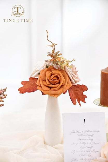 TINGE TIME Artificial Flowers Burnt Orange & Champagne Flower Combo for DIY Wedding Bouquets Table Centerpieces Arrangements Party Baby Shower Home Fall Decorations