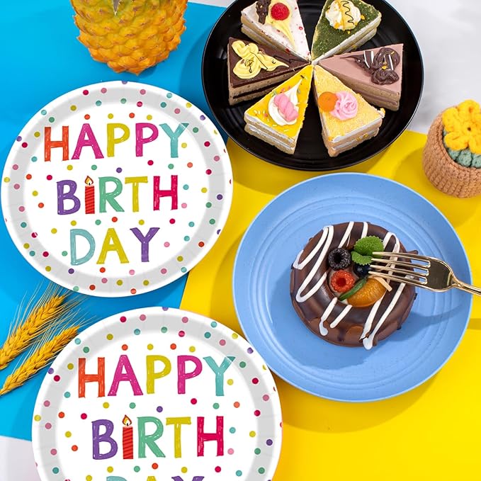 40 Pcs Birthday Plates & Napkins Party Supplies, Disposable Happy Birthday Dots Design Tableware Set for 20 Guests