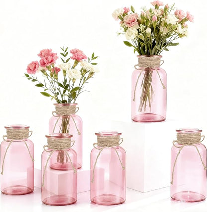 Vintage Glass Flower Vase，6 Pack Pink Farmhouse Glass Centerpiece Vases Mason Jars for Weddings, Parties & Home Decor Bulk (6, Pink)