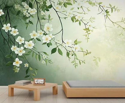 Spring Blossom Floral Wall Mural, Minimalist White Floral 3D Wall Murals, Elegant Botanical Wallpaper Mural, for Living Room Bedroom Large Wallpaper Indoor Decor 118" W x 82.6 "H