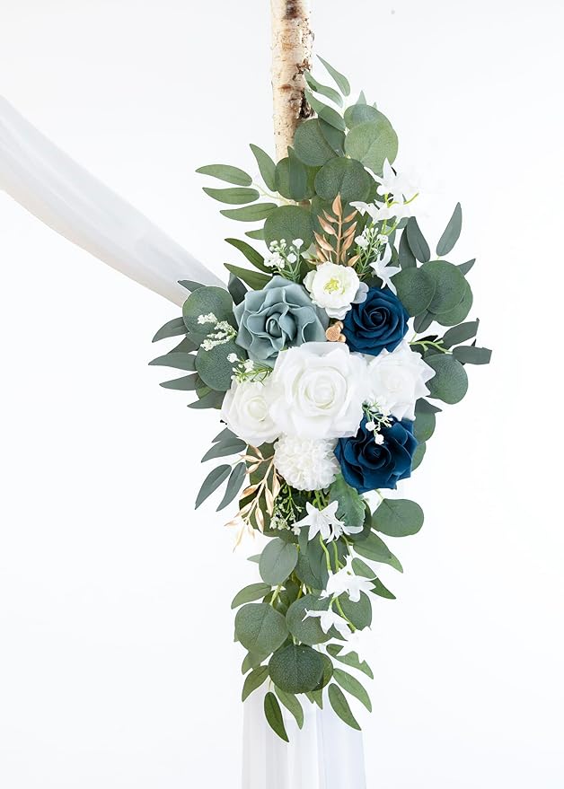 PONATIA Wedding Arch Flowers Kit (Pack of 3) with 26Ft White Arch Draping Fabric, Dusty Blue Flowers for Ceremony and Reception Wedding Decoration