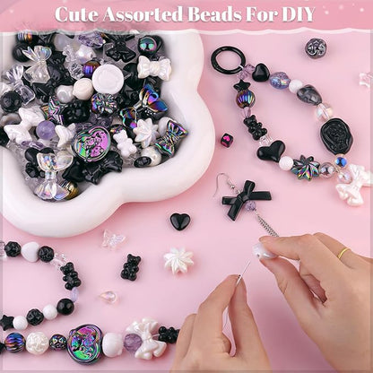 Assorted Acrylic Beads, 200-260PCS Black Cute Beads for Bracelet Making, GummyBear Bow Flower Candy Kawaii Charms for Jewelry Making DIY Necklace Keychain Phone Charm Christmas Gift