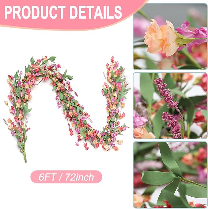 Artgar Flower Garland 6Ft Spring/Summer Garland Floral Garlands for Mantle All Year Round Paper Garlands Decor for Indoor Outdoor Home Wedding Arch Porch Staircase Year Round Decor (Red&Orange&Purple)