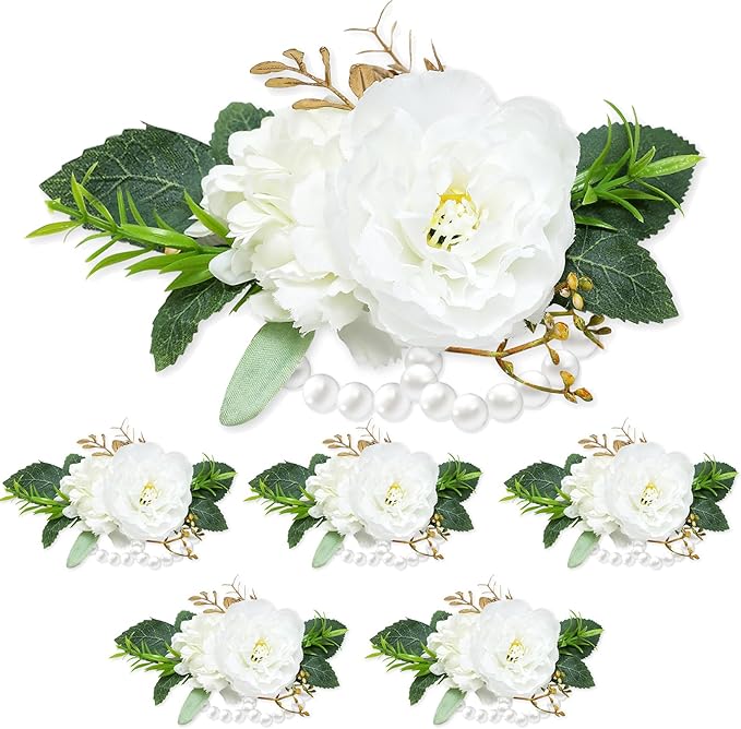 Corsage Wristlet Band Artificial Rose Flowers - Wedding Bridal Flower Corsage Hand Decor (Stretch, 6, Count)
