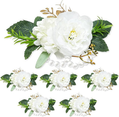 Corsage Wristlet Band Artificial Rose Flowers - Wedding Bridal Flower Corsage Hand Decor (Stretch, 6, Count)