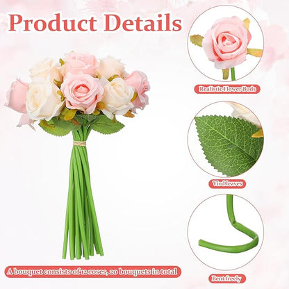 Jexine 240 Pcs Artificial Rose Flowers Bouquet Silk Realistic Flowers Bulk Centerpieces DIY Bride Fake Rose for Home Bridal Wedding Party Decorations(Pink and White)