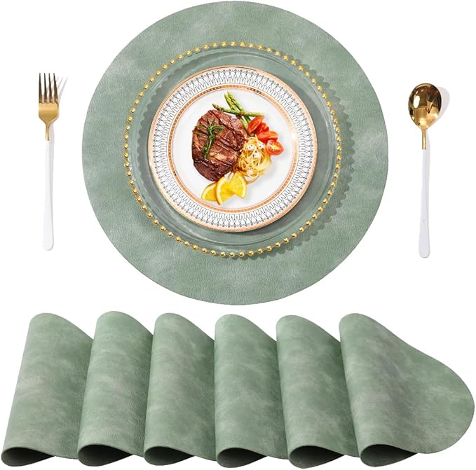 PU Leather Placemats Set of 6,15 Inches Round Washed Cowhide Pattern Table Mats for Dining Table, Kitchen, Party Decoration(Retro Green)