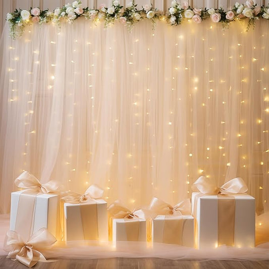 20×10ft Champagne Tulle Backdrop Curtain with Lights String for Parties, Sheer Curtain Backdrop Drapes for Wedding Party Photography Background
