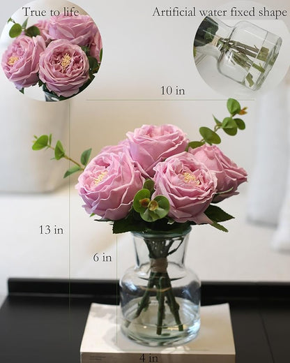 Artificial Flowers with Pinkish-Purple Peonies in Vase, Fix Lifelike Fake Flowers in a Vase with Artificial Water, Faux Flower Arrangements for Dining Table Centerpiece Decor