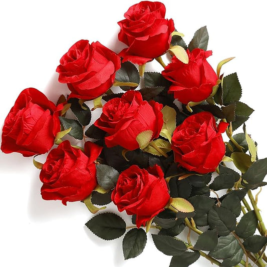 JUSTOYOU 8PCS Red Roses Artificial Flowers Realistic Long Stem Fake Roses Bouquet, Faux Silk Flowers for DIY Bouquets Wedding Centerpieces Arrangements Home Party Decor
