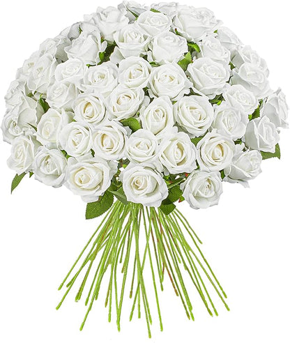 Fake Plants Roses Flowers Plastic Flowers Spring Decorations for Home Gifts for Gf Roses Artificial Flowers for Vase Fake Flowers Home Decor 19.6”(50PCS White)