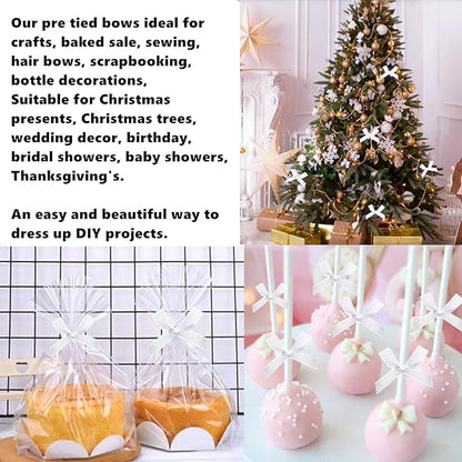 50 Pieces White Bow Twist Ties for Bags, Satin Twist Tie Bows for Cake Pops, Twist Bows for Treats, Pre Tied Bows for Gifts Wrapping, Ribbon Bows, Pretied Bows for Christmas Gift Wrap Bows