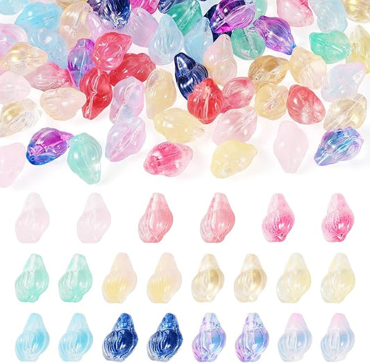 66Pcs Glass Conch Shell Beads Colorful Spiral Shells Glass Crystal Beads Transparent Spray Paint Ocean Beach Seashell Bead Marine Life Bead for DIY Craft Bracelet Earring Jewelry Making