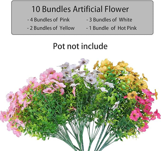 Artificial Flowers for Outdoor Indoor Garden Home Decoration, Faux Flower Daisy with Eucalyptus Leaves Fake Plants Greenery Boxwood Porch Patio, 10 Bundles(Pink-White)