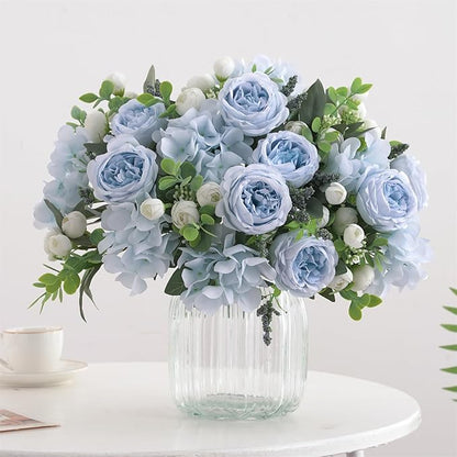 4 Bunches Peonies Artificial Flowers, Silk Peonies Flowers Fake Bouquet Faux Floral Arrangements for Centerpiece Table Wedding Party Home Decor (4, Blue White)