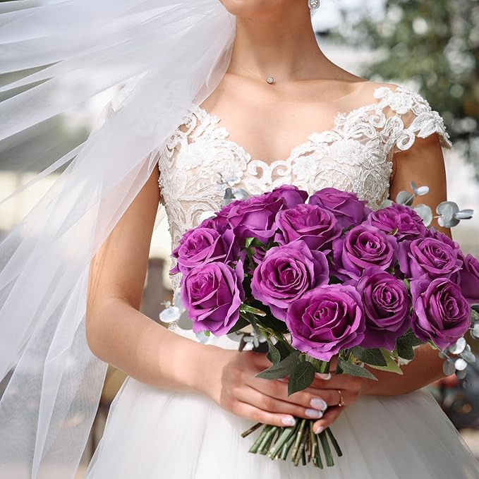 Nubry 24pcs Artificial Silk Roses Bulk,Fake Roses Flower with Stems Realistic Flowers for Wedding Centerpiece Home Party Decor(Purple)