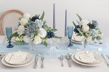 Blue White Artificial Flowers Silk Fake Roses Peonies Greenery Combo Box Set for DIY Wedding Bouquets Bridal Shower Centerpieces Floral Arrangements Party Tables Home Decoration