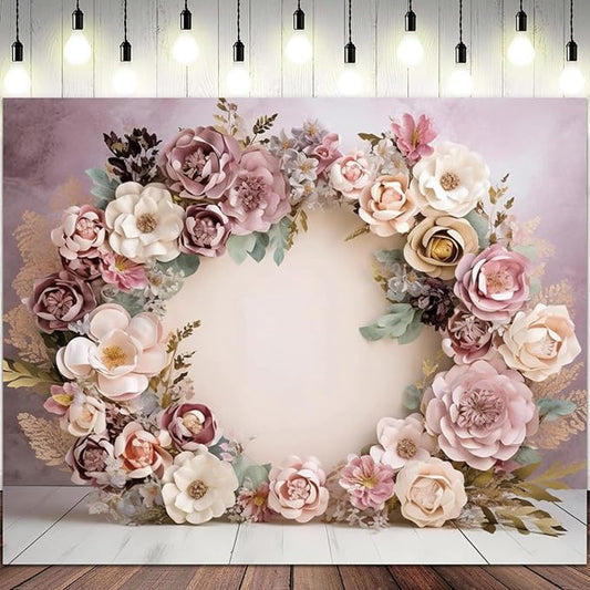 12x8ft Wedding Backdrop Purple Pink Floral Theme Photography Background White Flower Garland Green Leaves Bridal Shower Banner Decorations Girls Birthday Party Baby Portrait Photo Booth Prop
