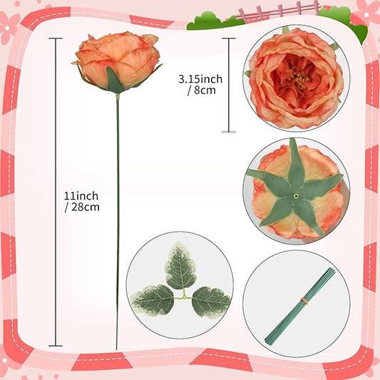 16pcs Peonies Artificial Flowers Head Orange Austin Roses Vintage Burnt Flowers Silk Rose Head with Stems for DIY Flower Wedding Bouquets Centerpieces Home Decoration (Orange)