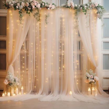 30×10ft Champagne Tulle Backdrop Curtain with Lights String for Parites, Sheer Photo Backdrop Curtains for Wedding Party Photography Background