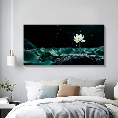 Iallbin Buddha Wall Art & Zen Wall Decor, White Lotus on Water Canvas Painting - for Yoga Meditation Room, Spa & Bathroom, Blue Art Deco Style, 48x24 Inches